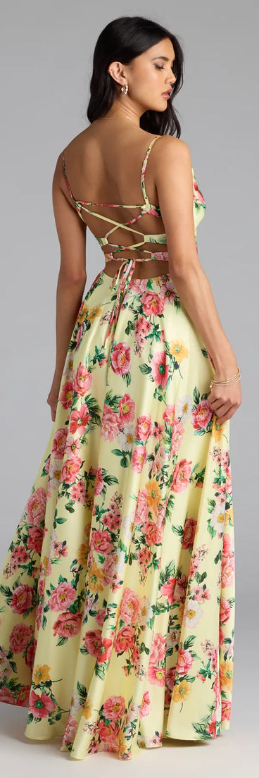 Own the spotlight in the Robina Lace-Up A-Line Floral Satin Formal Dress, a yellow formal dress crafted to deliver luxe style for autumn weddings, Military Balls, or any special event.