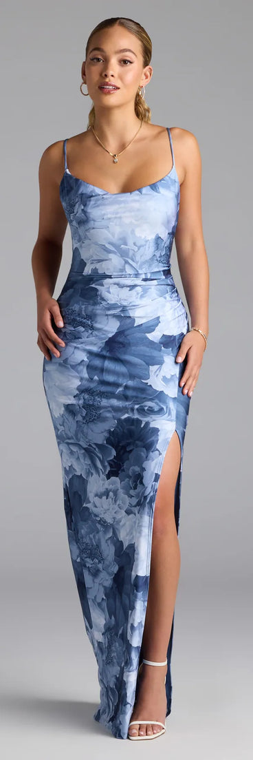 Feel instantly put-together in the Isa Floral Cowl Neck Slit Formal Dress in denim blue, a stylish wedding guest dress designed for confident style and all-out celebration.