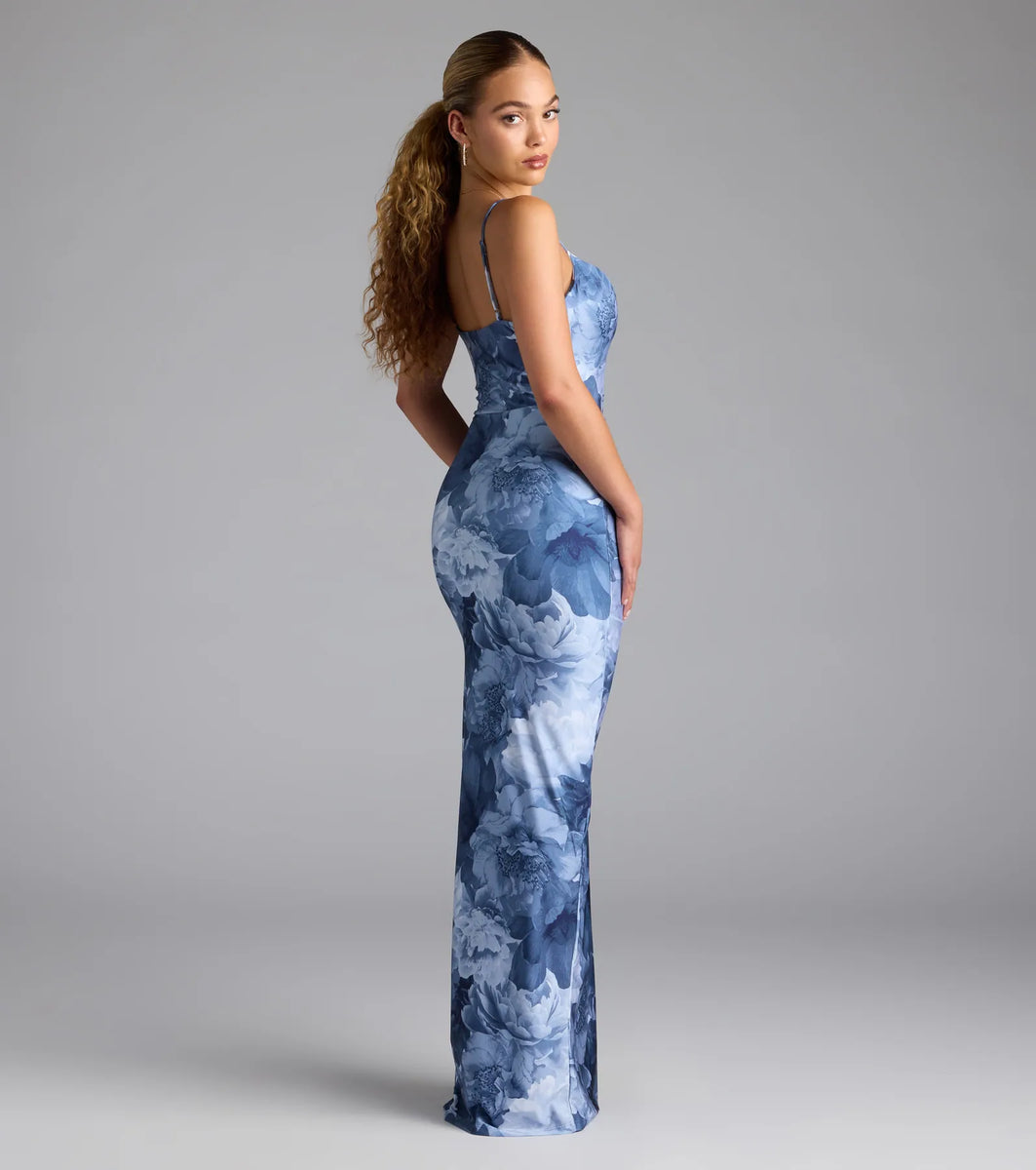 Irene Flocked Ruffle Slit Formal Dress