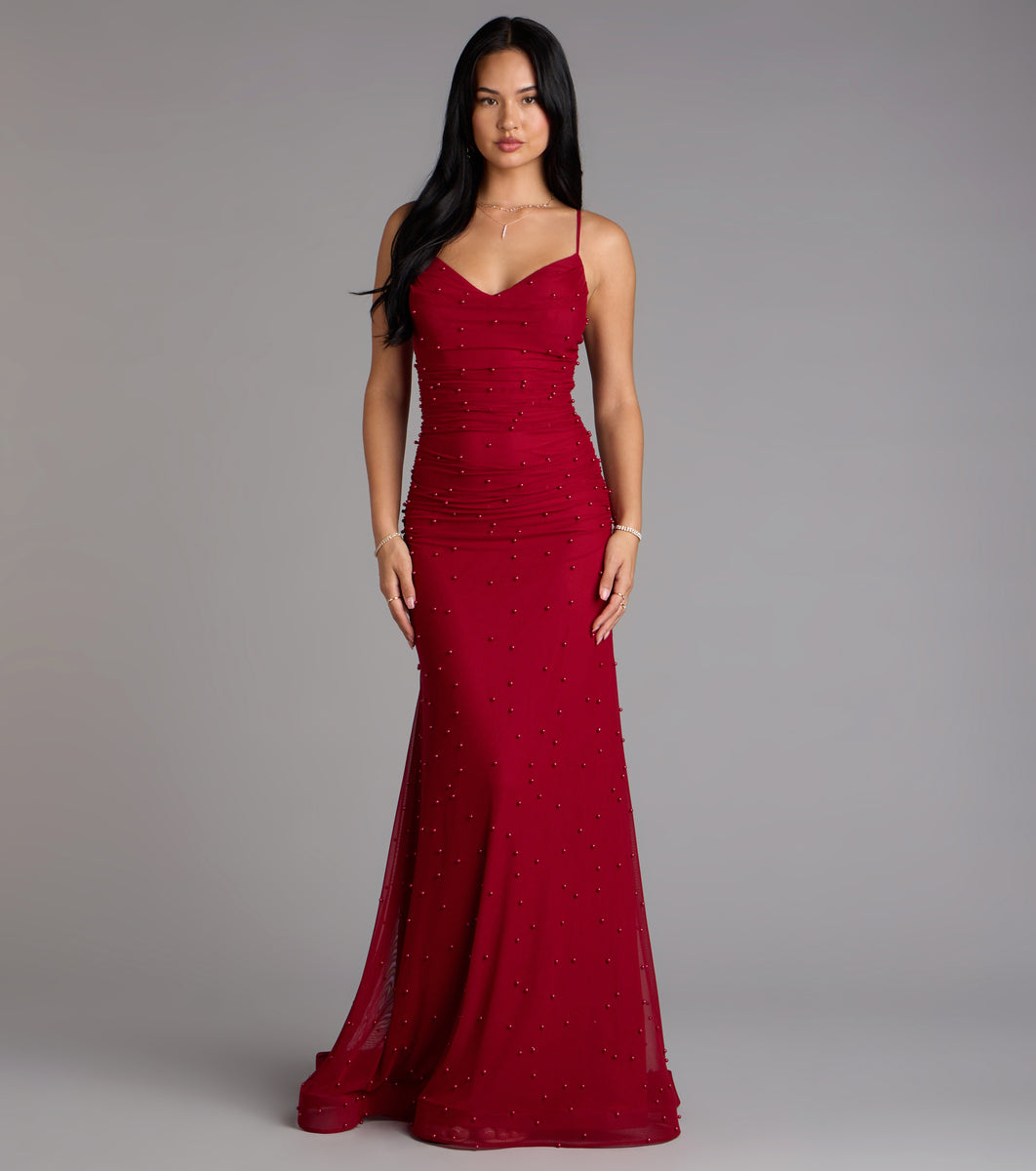 fay off the shoulder faux pearl mermaid dress Adrianna Faux Pearl Mermaid Formal Dress in Red | Size: S | Mesh Fabric