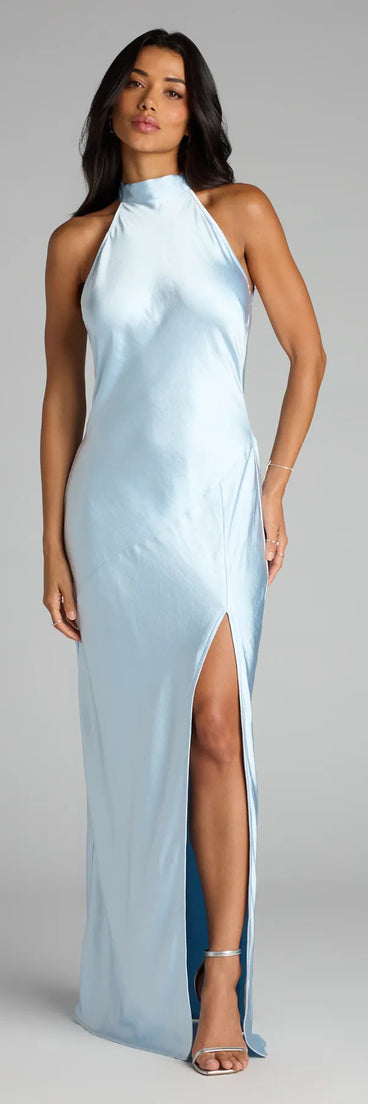 Style your seasonal looks with the Andie Halter Open Back Slit Satin Formal Dress, a trend-right, light blue fall dress designed for any plan on your calendar with new and unqiue details.