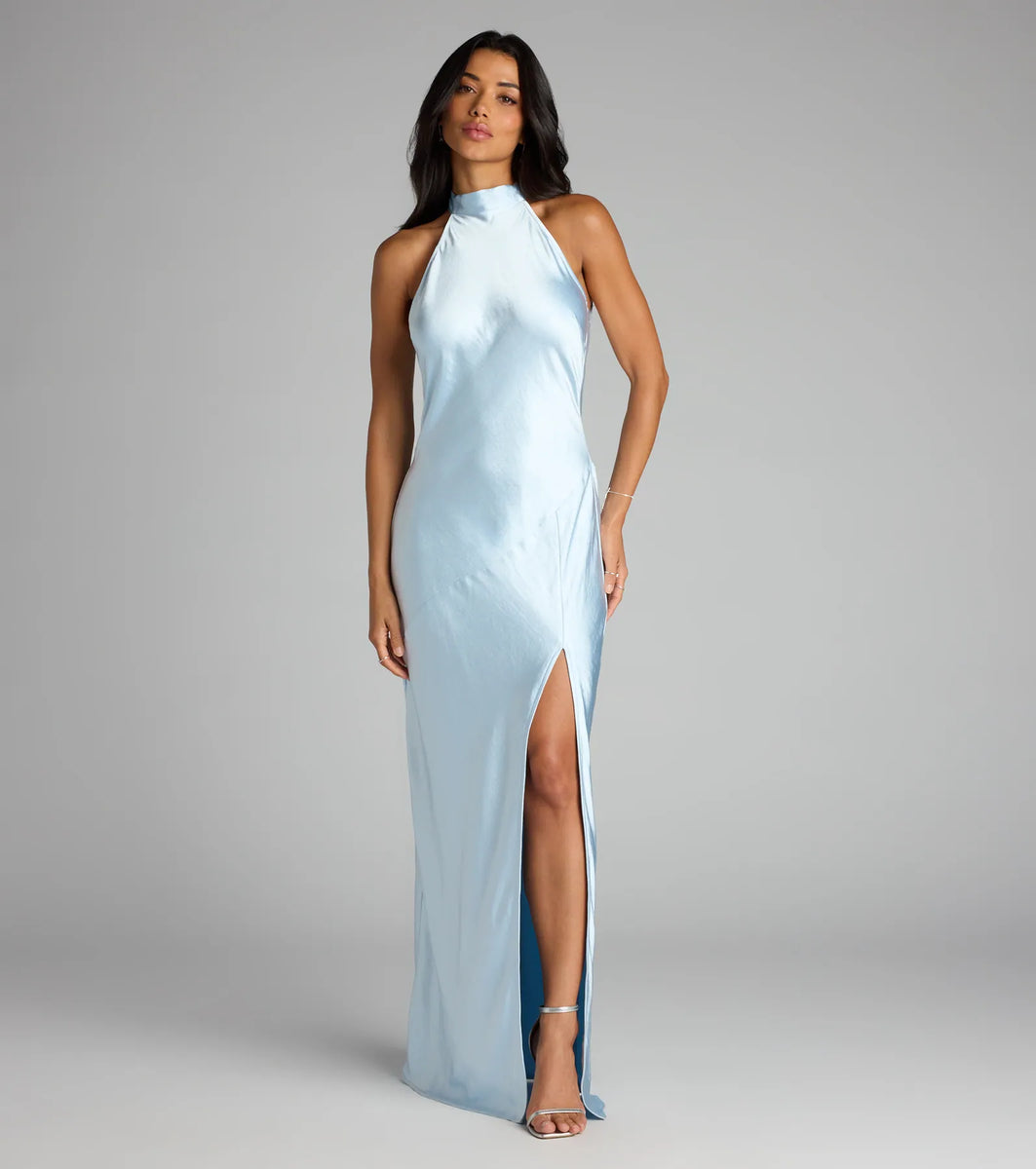 Andie Halter Open Back Slit Satin Formal Dress | Windsor Andie Halter Open Back Slit Satin Formal Dress | Windsor