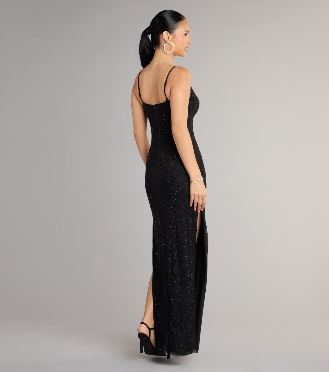 Arianna Rhinestone Mesh High Slit Column Dress | Windsor Arianna Rhinestone Mesh High Slit Column Dress | Windsor