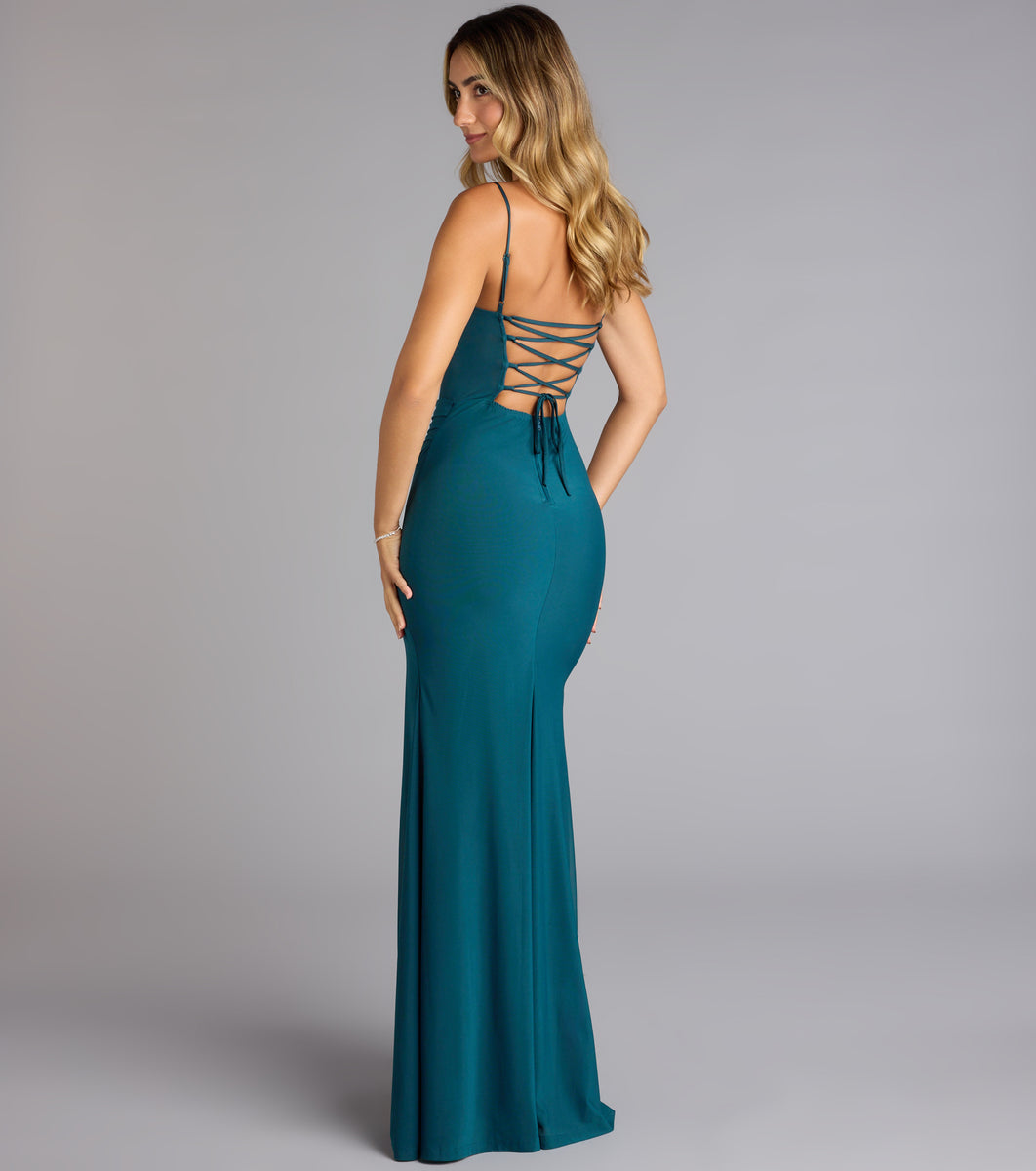 windsor mermaid dress Ariel Velvet Slit Formal FeaturesSheer mesh fabric with full Satin Mermaid Prom Dresses |