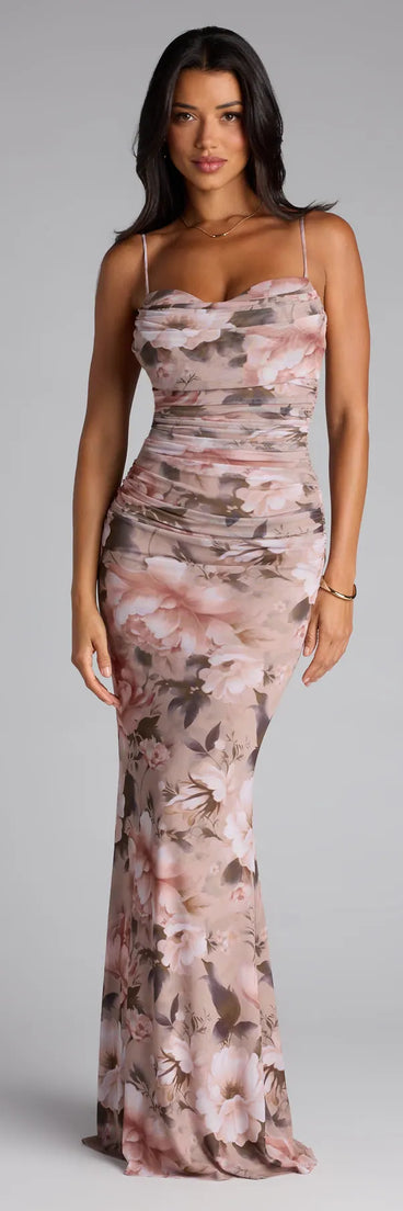 Feel ready for every dance floor moment or feed-worthy reel in the Yvette Floral Mermaid Formal Dress, a beige homecoming dress designed to own your moment.