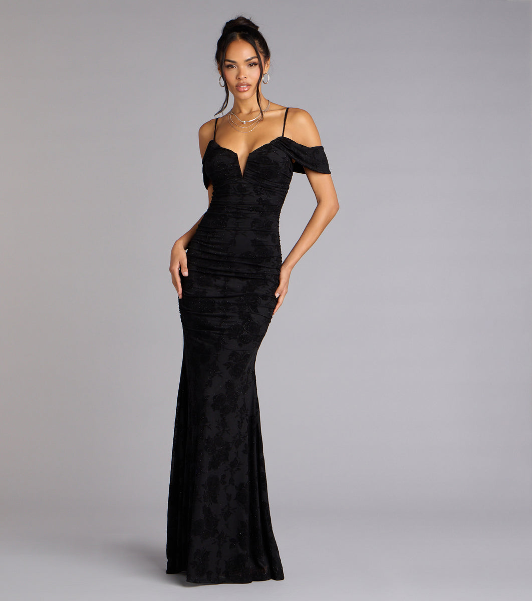 evelina midi dress Evelina Mesh Velvet Mermaid Formal Dress