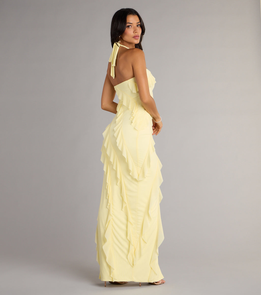 roux ruffle mesh dress Blake Mesh Halter Slit Ruffle Formal Dress