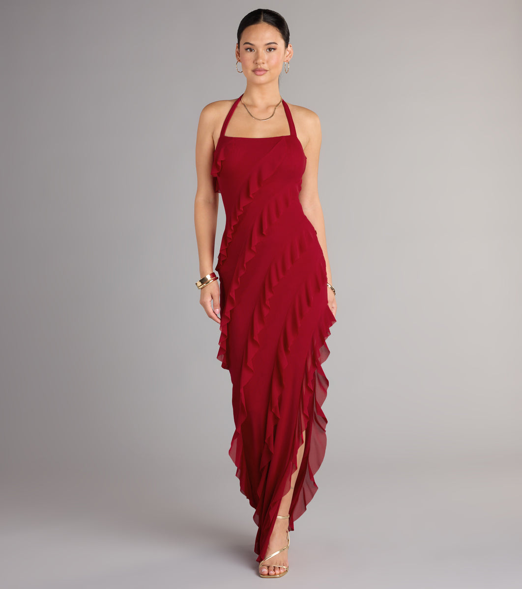 dobby mesh self-tie ruffled halter dress Windsor Marley Halter Ruffle Slit Formal Dress in Wine | Size: S