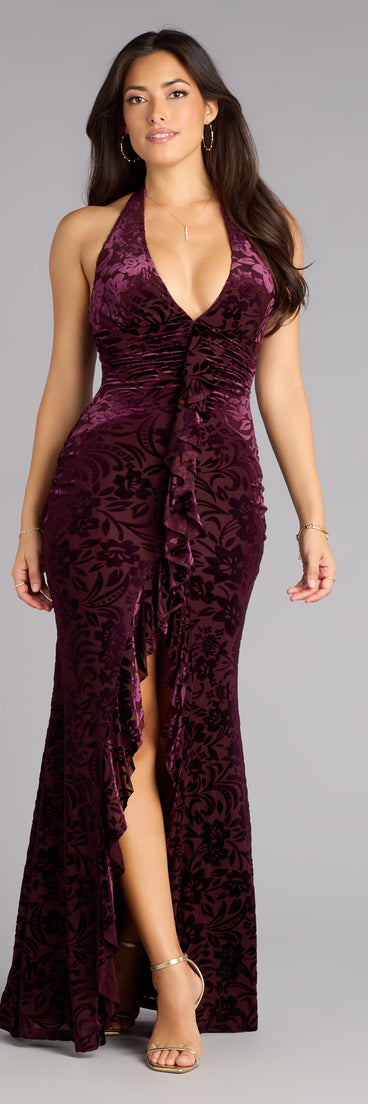 Candace Velvet Halter Ruffle Formal Dress