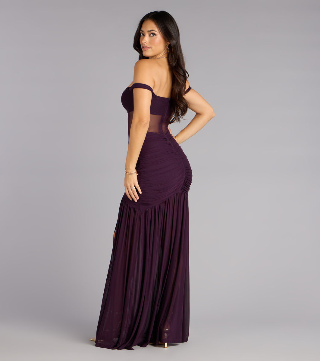 dark purple mesh dress Eliza Sheer Mesh Off-The-Shoulder Mermaid Dress