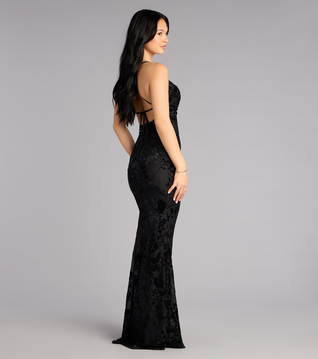 Alma Flocked Floral Mesh Mermaid Dress | Windsor Alma Flocked Floral Mesh Mermaid Dress | Windsor