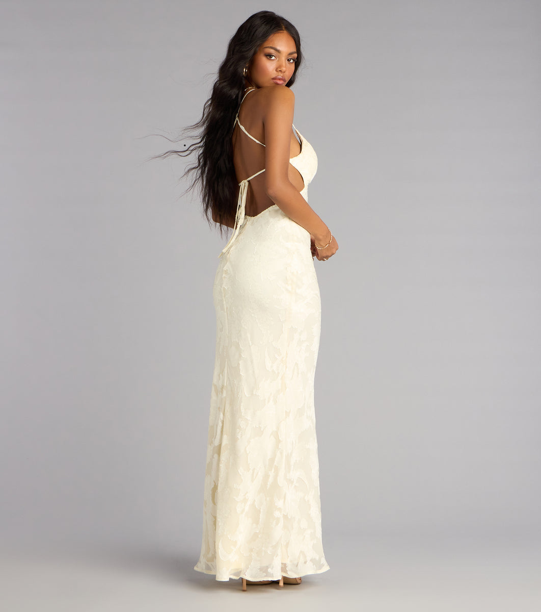 Windsor Enya Floral Mesh Lace-Up Formal Dress in Ivory | Size: L