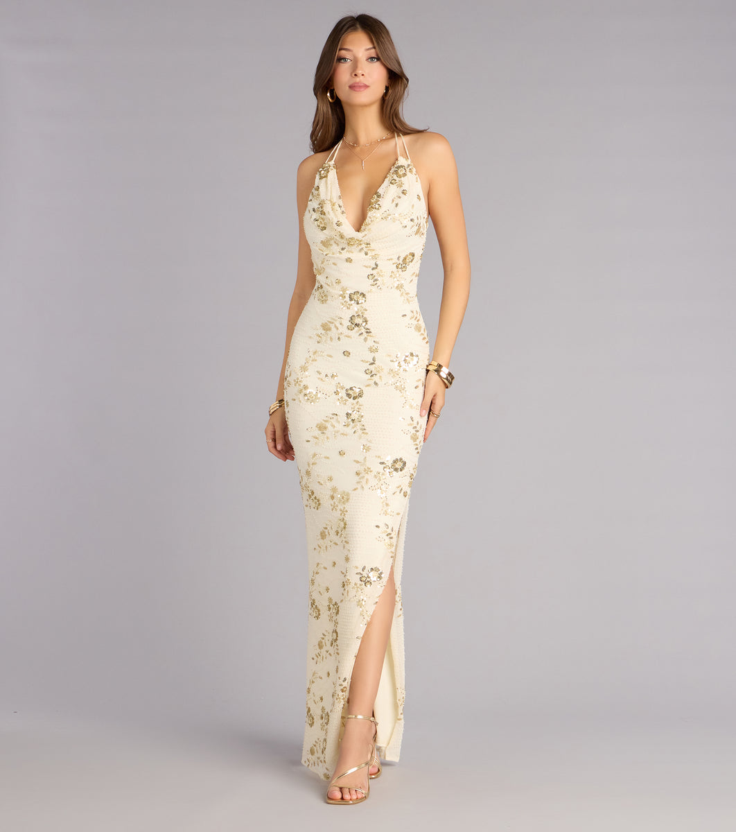 Maren Floral Sequin Mesh Halter Formal Dress