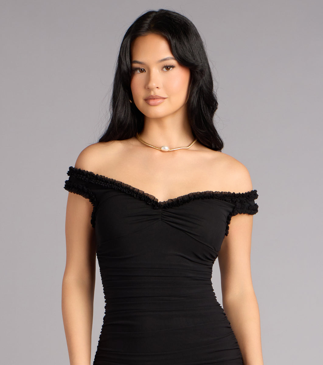 mds off shoulder dress Mandy Mesh Off-The-Shoulder Formal Dress in Black | Size: M | Stretchy Fabric/Mesh Fabric