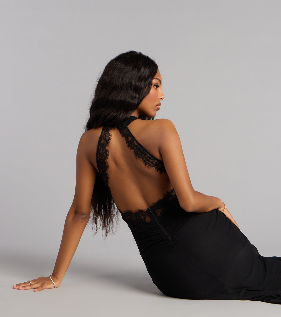 black lace backless dress Everlee Mesh Open Back Formal Dress