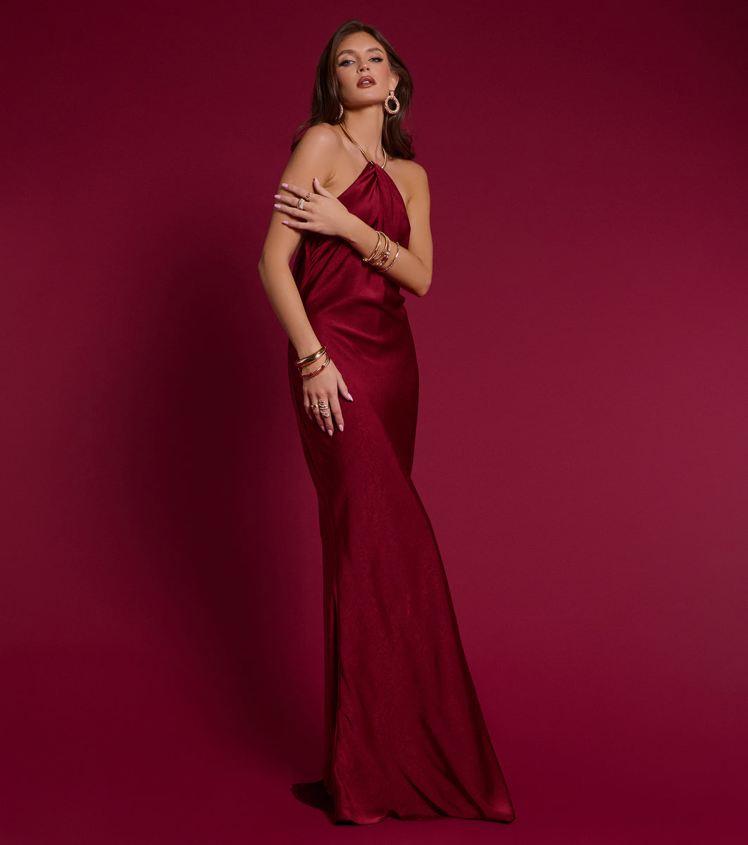 Meredith Satin Halter Open Back Formal Dress | Windsor