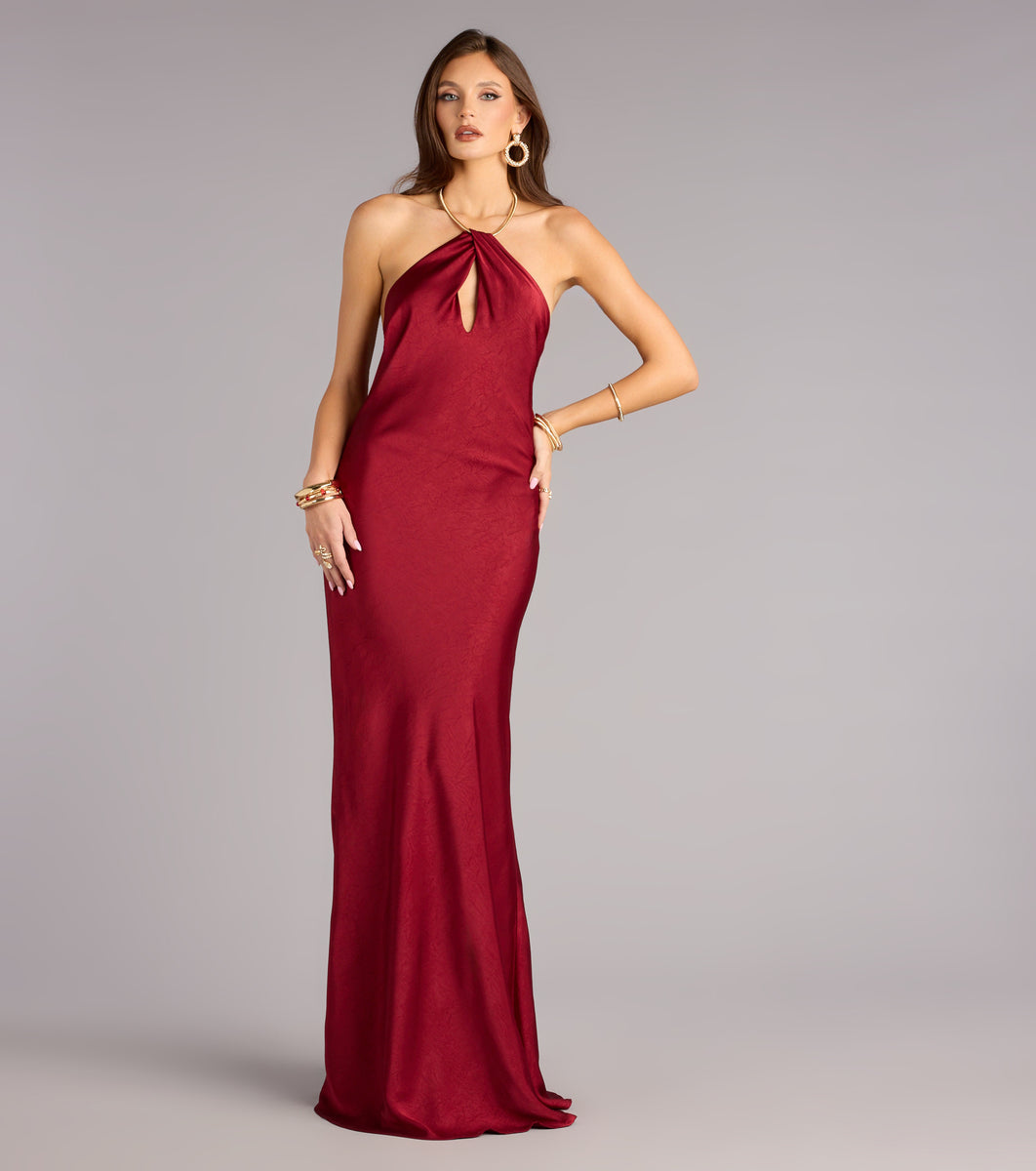 Meredith Satin Halter Open Back Formal Dress Meredith Satin Halter Open Back Formal Dress