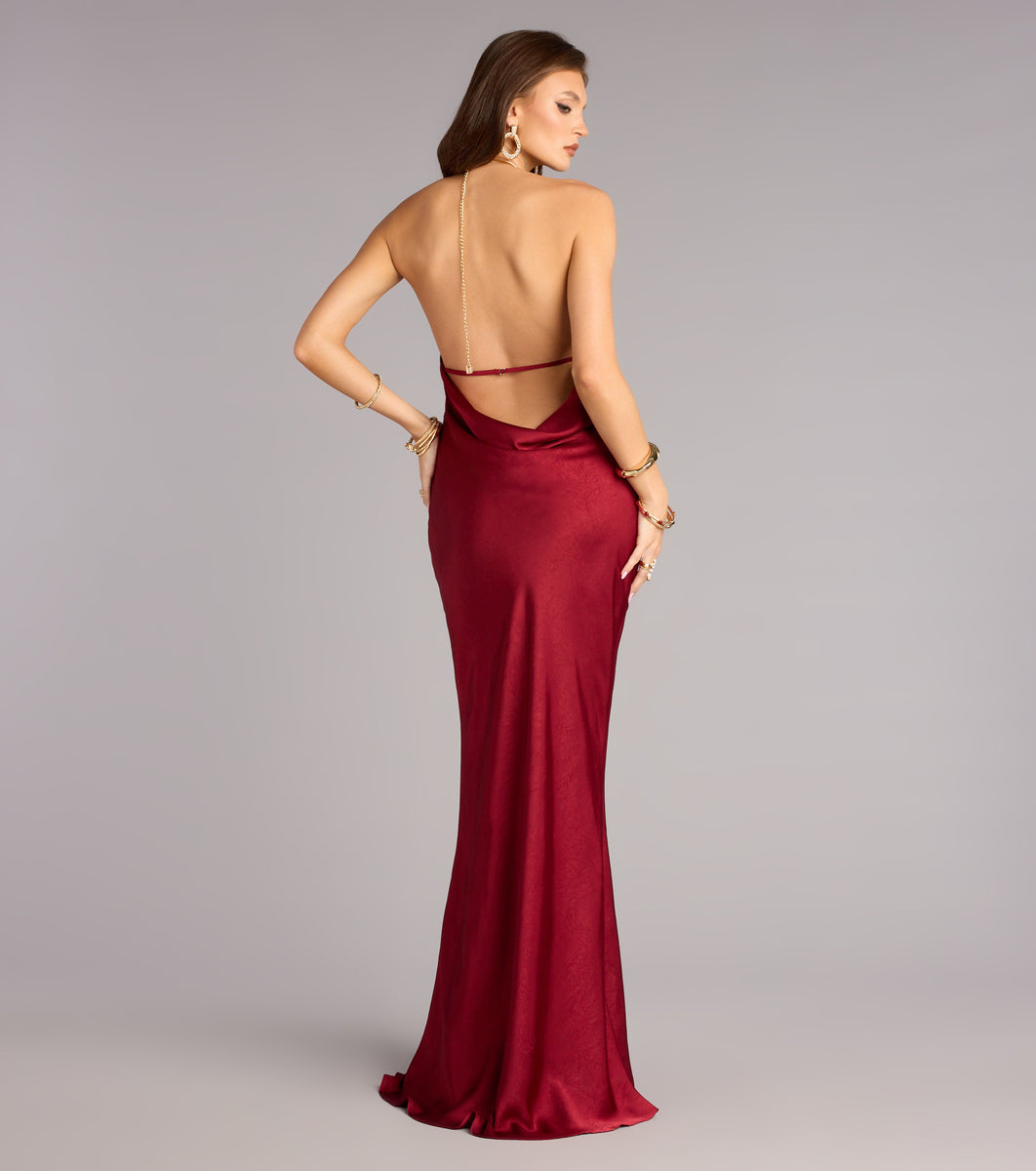 Meredith Satin Halter Open Back Formal Dress | Windsor Meredith Satin Halter Open Back Formal Dress | Windsor