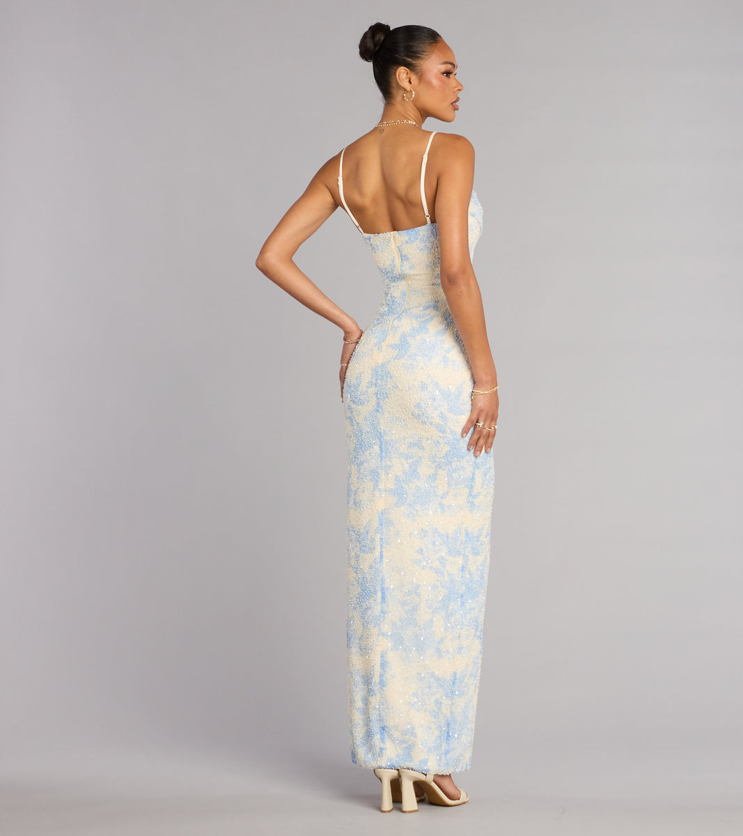 Brandy Floral Beaded Slit Formal Dress in Light Blue | Size: S | Knit Fabric/Mesh Fabric/Mesh Fabric | Windsor Brandy Floral Beaded Slit Formal Dress in Light Blue | Size: S | Knit Fabric/Mesh Fabric/Mesh Fabric | Windsor