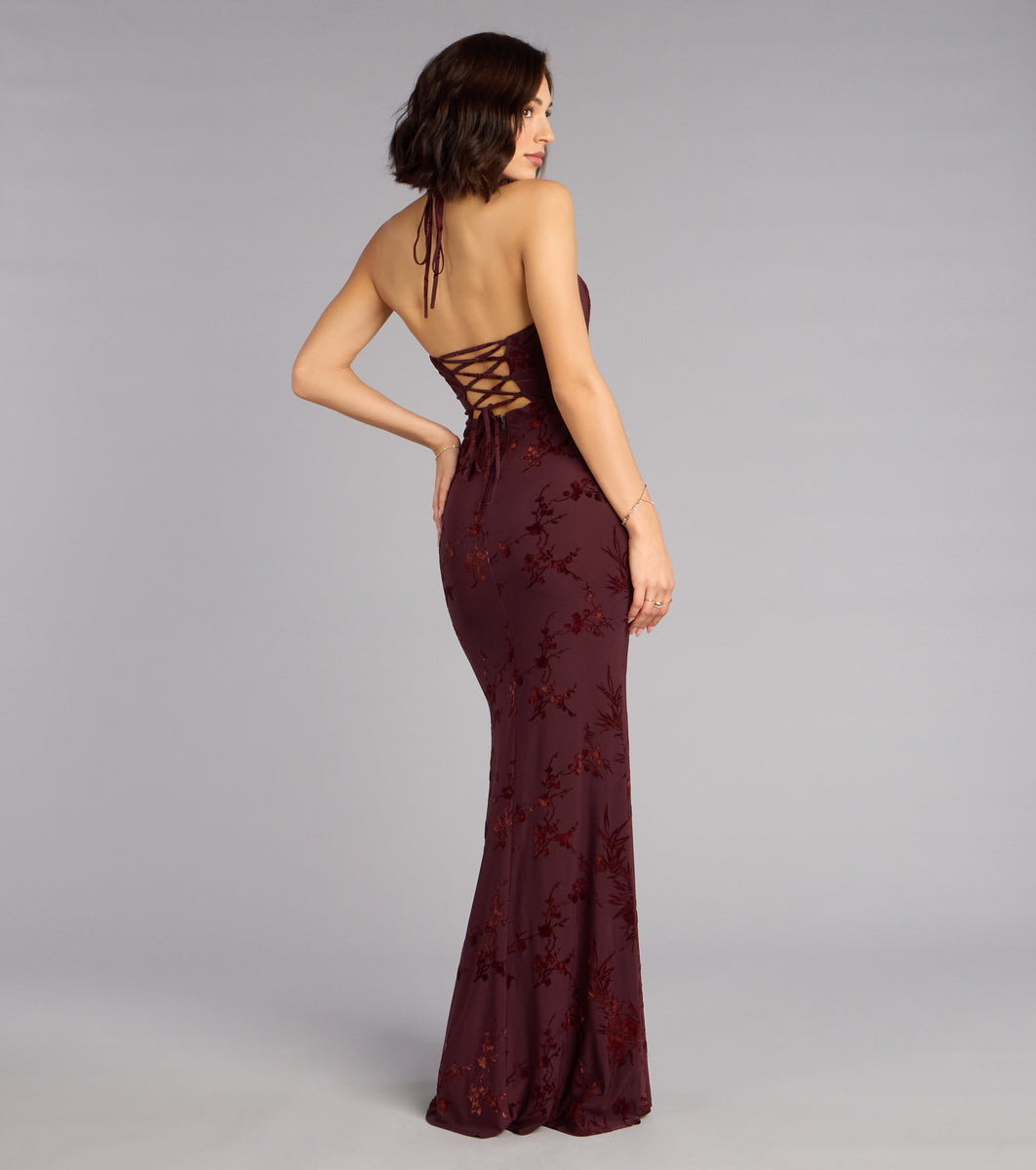 Erin Flocked Velvet Lace-Up Mermaid Formal Dress | Windsor