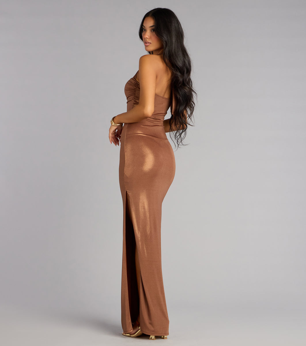 metallic brown dress Tiana Halter Slit Formal This garment fits true COLOR:benatar blue silk Plum Suits Unic White maxi dress of
