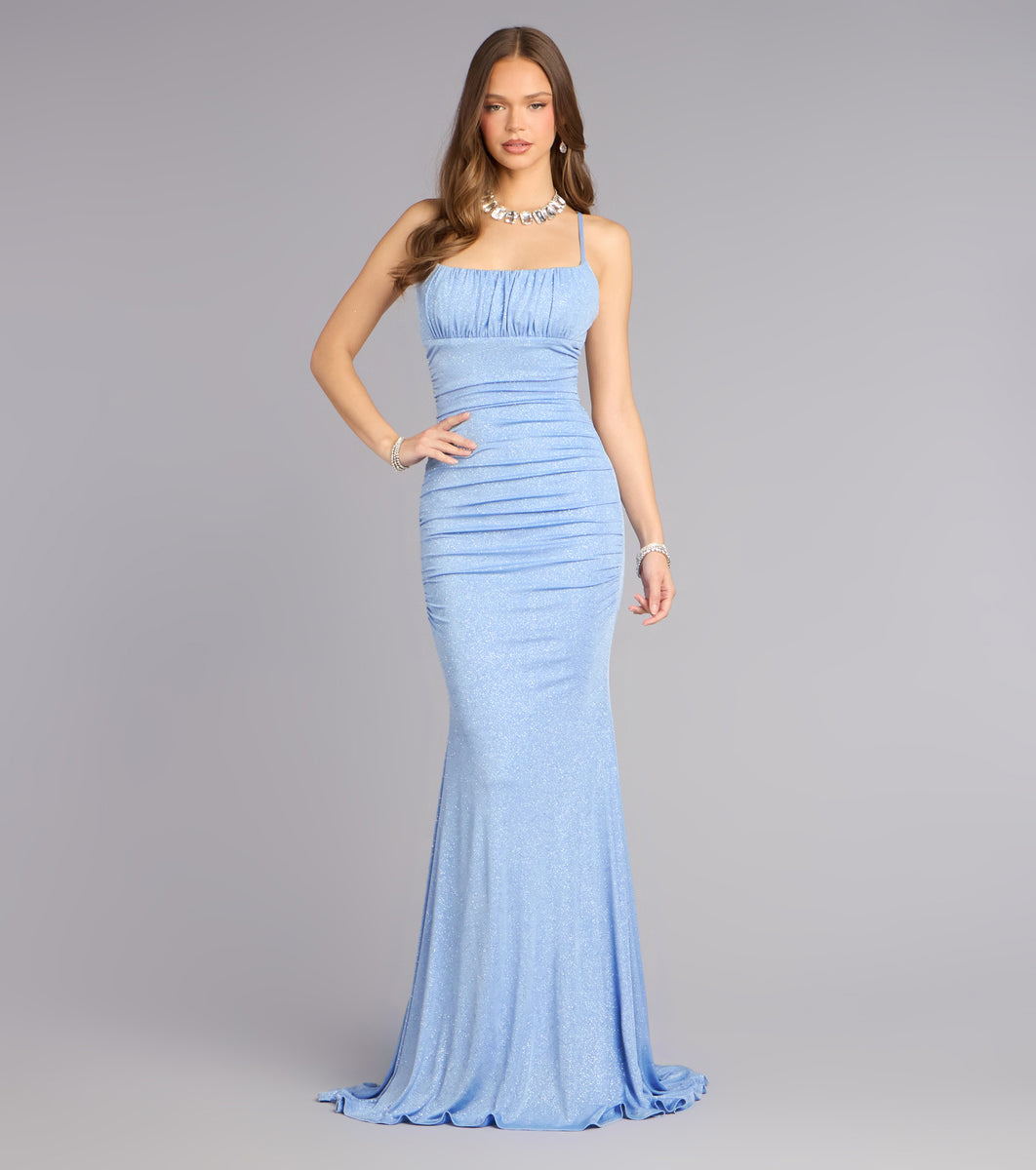 Windsor Kelsie Glitter Knit Mermaid Formal Dress in Light Blue | Size: L