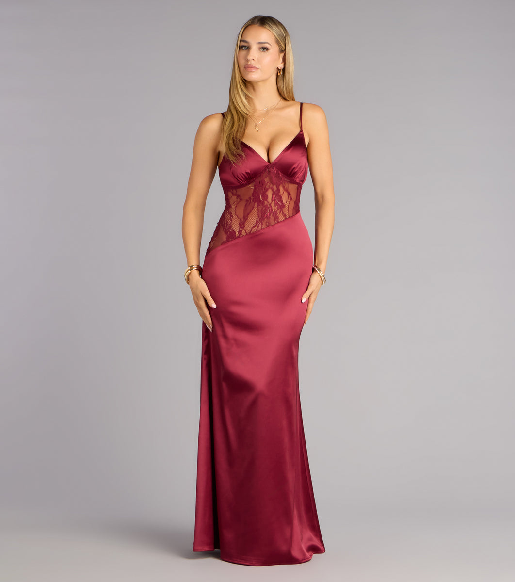 Windsor Angelica Lace Satin Mermaid Formal Dress in Wine | Size: M