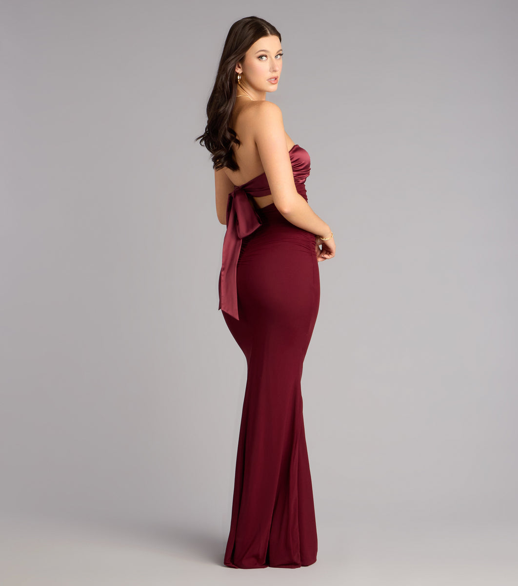 knee length dresses for ladies Raspberry Off-Shoulder Satin Mermaid Long Bridesmaid Dress Raspberry / US 14 main image 0