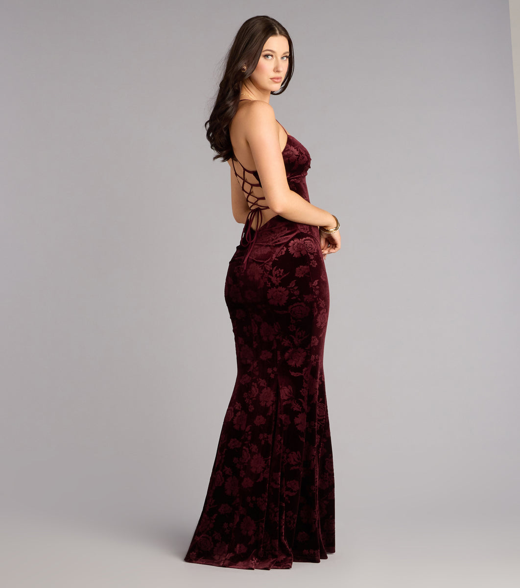 mahalia maxi dress Mahalia Velvet Floral Lace-Up Formal Dress