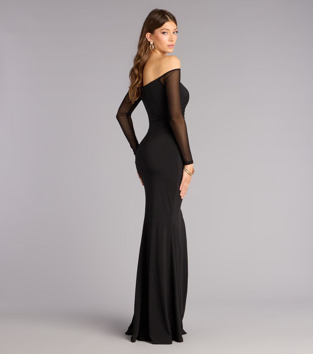 long sleeve off shoulder mermaid dress Windsor Elianna Mesh Off-The-Shoulder Mermaid Dress in Black | Size: XS