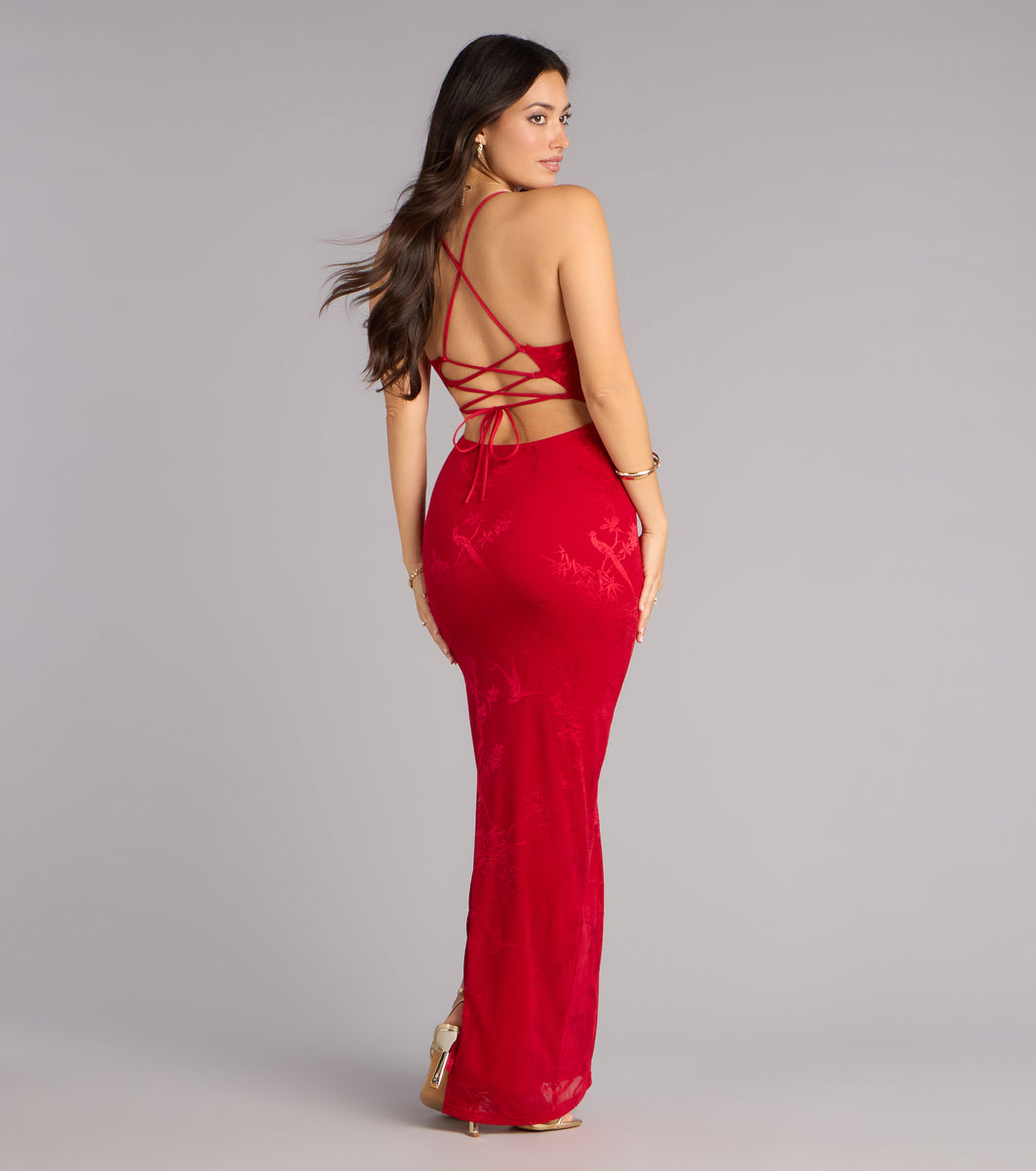 braelyn yellow strapless maxi dress Braelyn Lace Slit Formal Dress