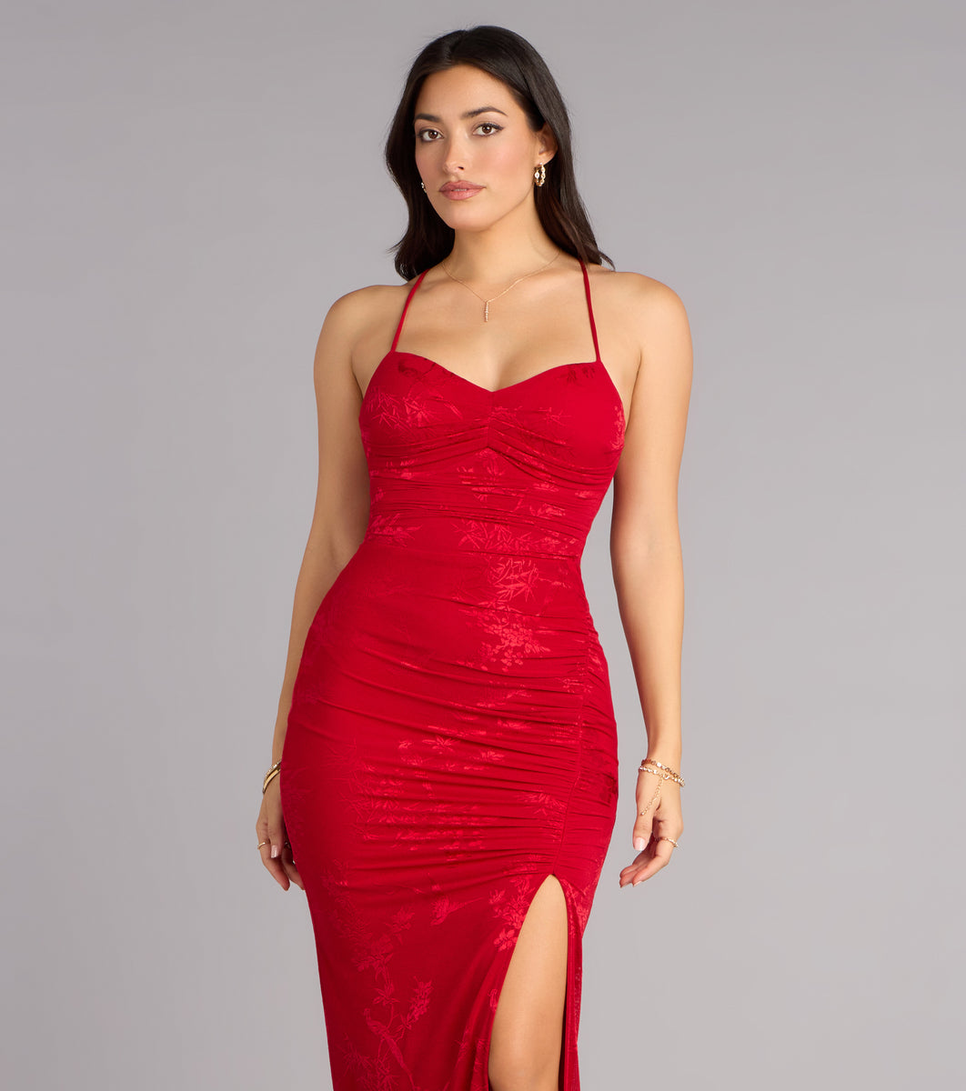 bristol formal satin lace-up dress Braelyn Lace Slit Bridal_Morning_Gown
