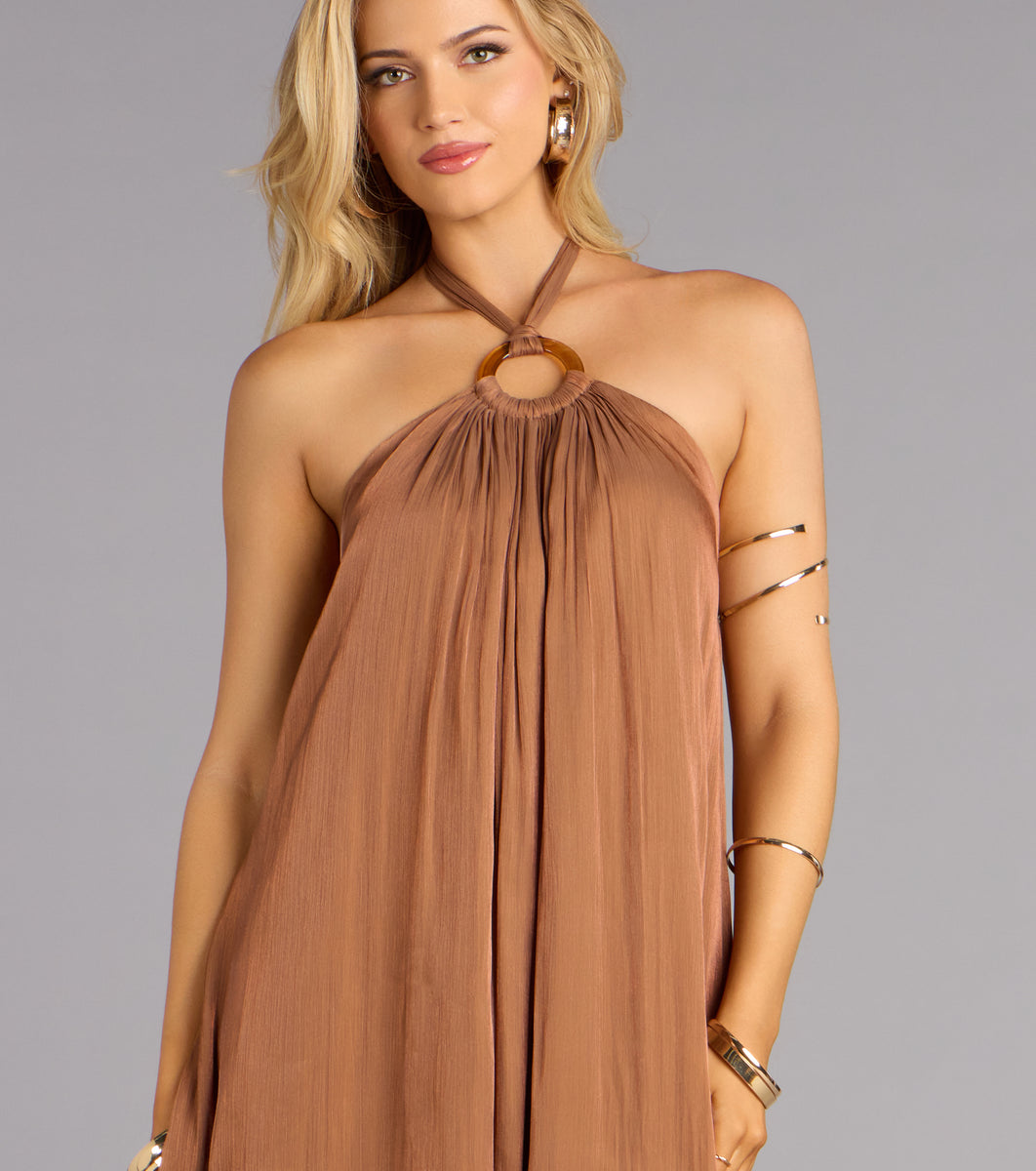 Windsor Marlyne Halter Open Back Formal Dress in Brown | Size: S | Woven Fabric Windsor Marlyne Halter Open Back Formal Dress in Brown | Size: S | Woven Fabric