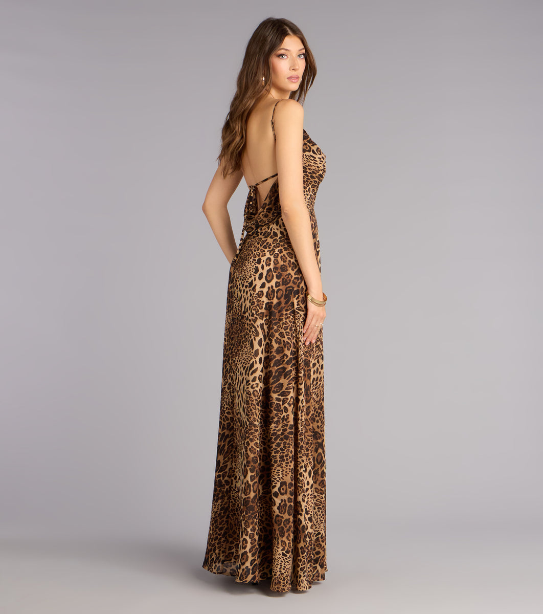 Windsor Massie Leopard Chiffon A-Line Formal Dress in Brown