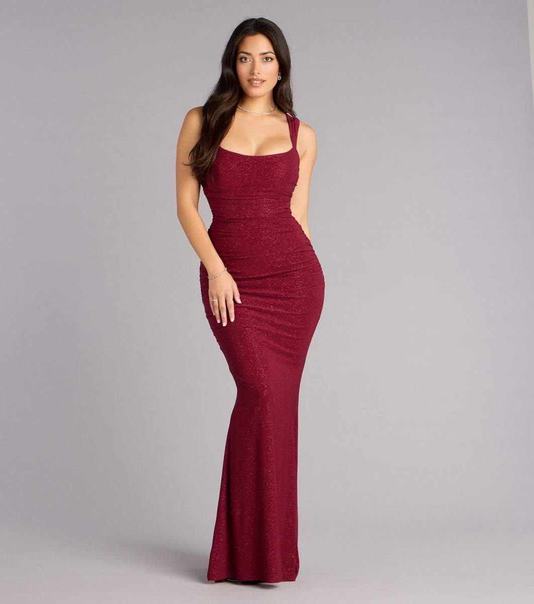 Aileen Glitter Knit Lace-Up Mermaid Dress in Wine | Size: Xs | Knit Fabric