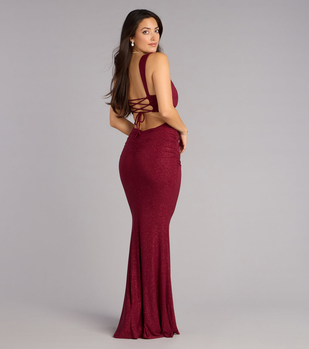fitted lace wedding dress Aileen Glitter Knit Lace-Up Mermaid Dress in Wine | Size: L | Knit Fabric