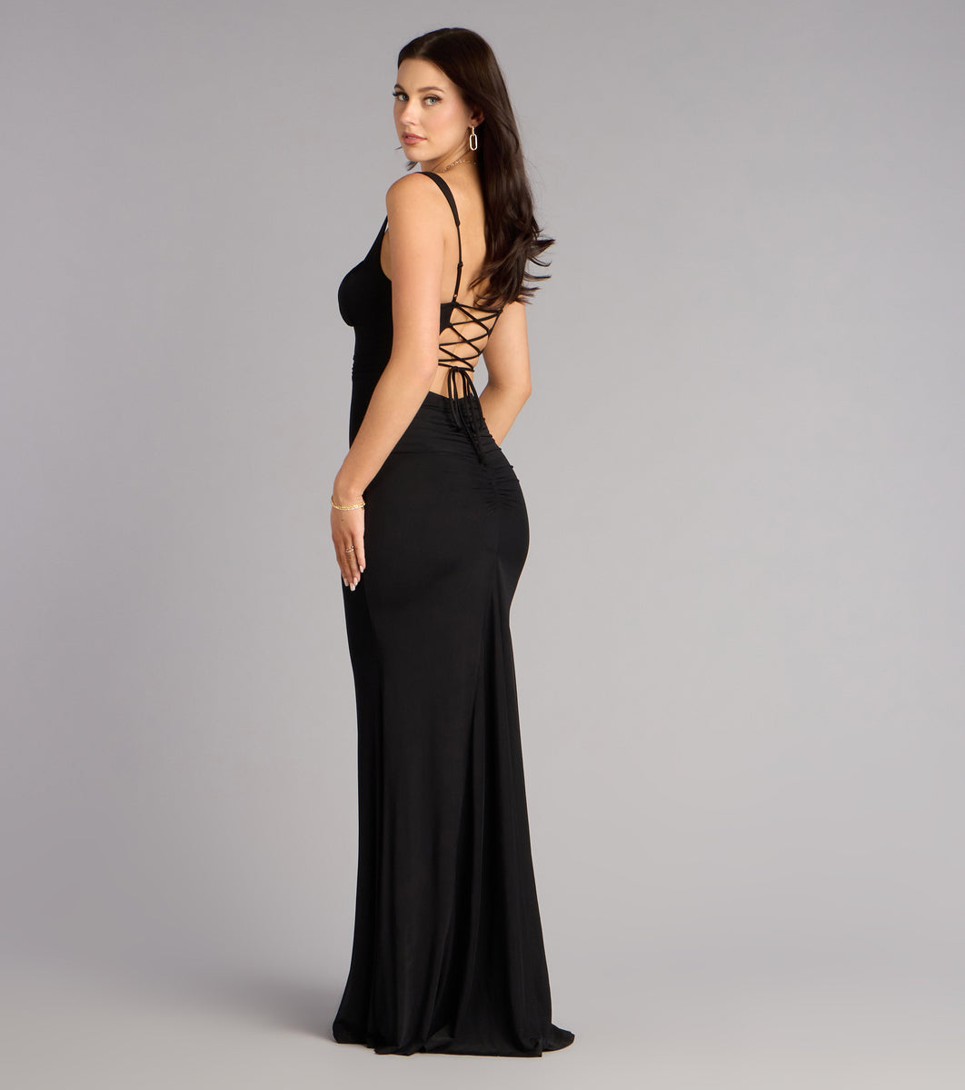 arden b black mesh dress Arden Mesh Lace-Up Mermaid Formal Dress