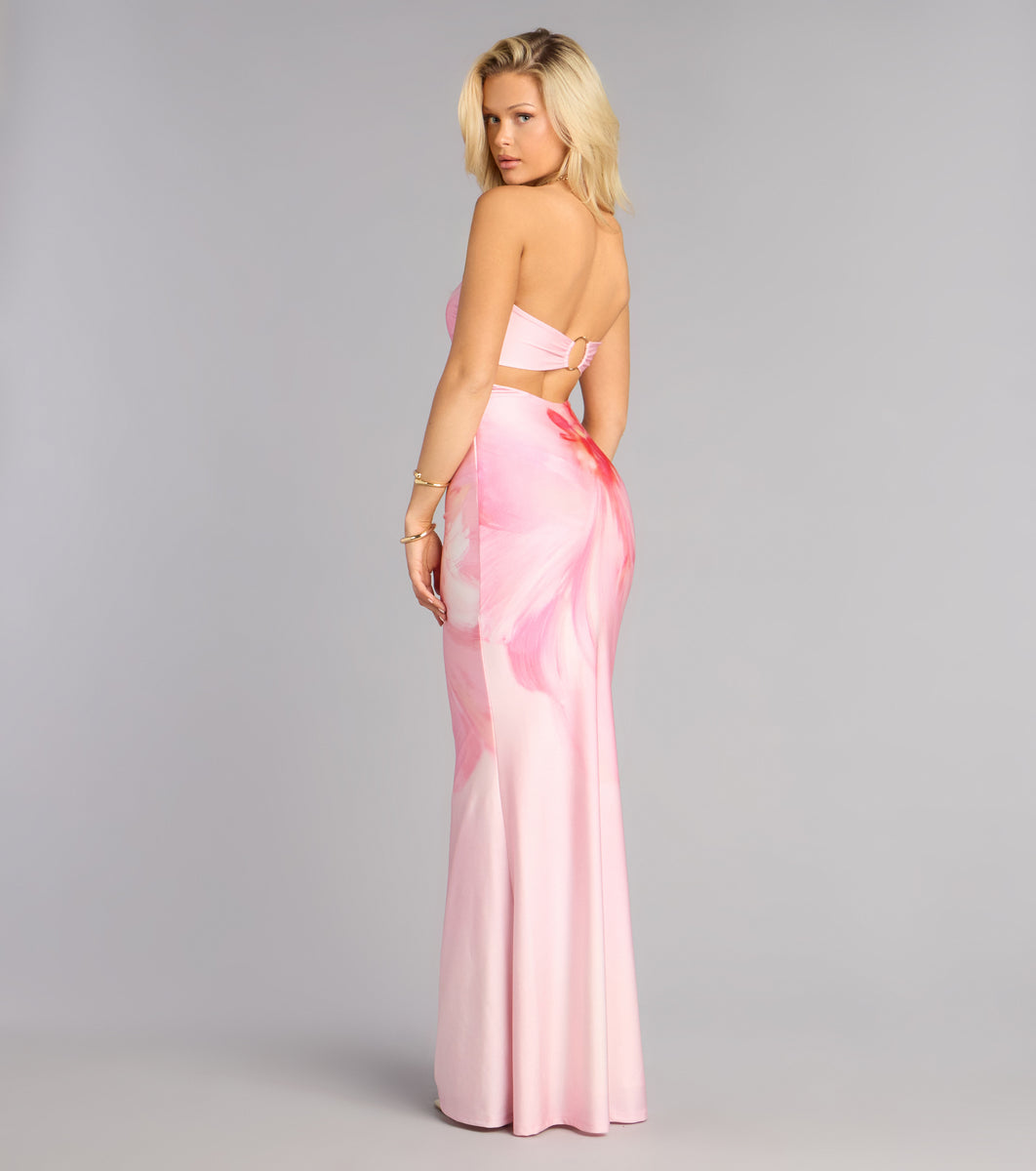 roxanna mermaid satin dress Roxanna Floral Print Strapless Mermaid Dress