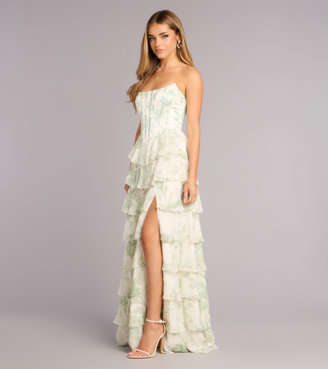 Lilyana Floral Chiffon Strapless Ruffle A-Line Dress | Windsor Lilyana Floral Chiffon Strapless Ruffle A-Line Dress | Windsor