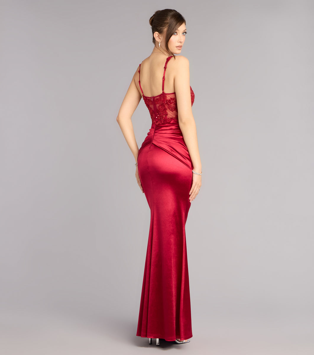Tiffany Satin Beaded Corset Formal Dress in Navy Blue | Size: S | Sheer Mesh Fabric/Satin Fabric | Windsor