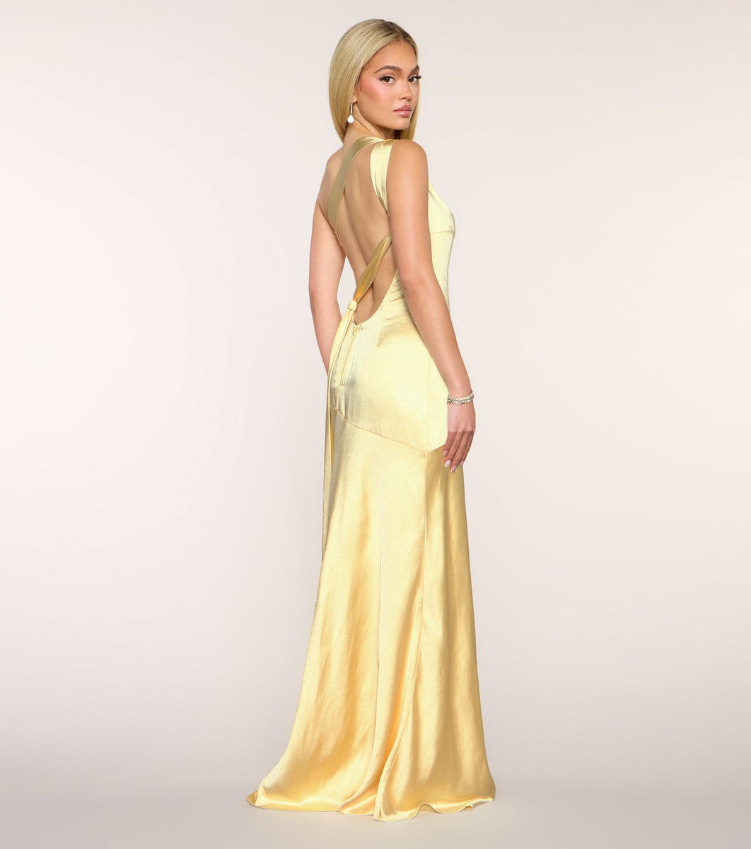 chelsea satin high slit formal dress Chelsea Satin Open Back Formal Dress in Light Blue | Size: M | Satin Fabric