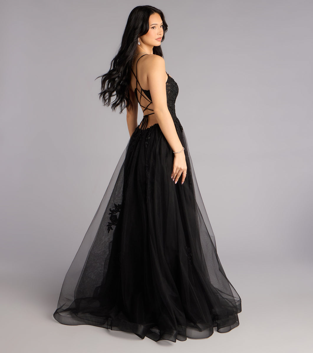 Caitlin Lace-Up Applique A-Line Formal Dress | Windsor Caitlin Lace-Up Applique A-Line Formal Dress | Windsor