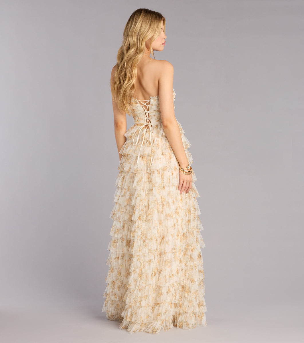 slim fit dress slacks Milena Floral Mesh Ruffle A-Line Gown