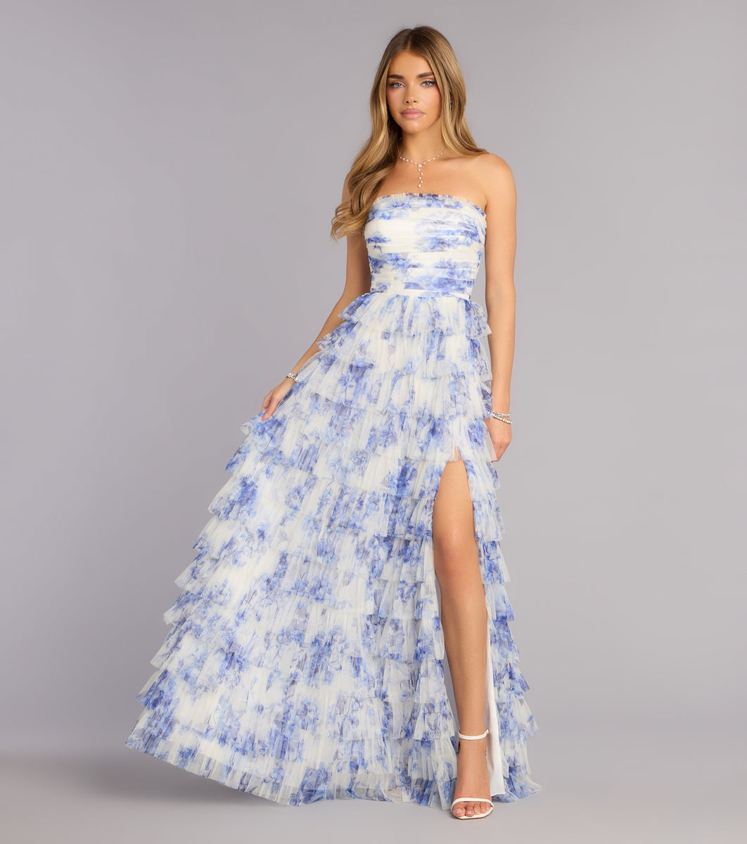 Juniper Floral Strapless Formal Dress in Blue | Size: 11 | Mesh Fabric/Mesh Fabric