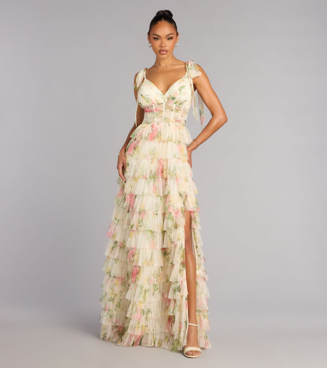 Malia Floral Ruffle A-Line Formal Dress in Ivory | Size: 1 | Mesh Fabric | Windsor