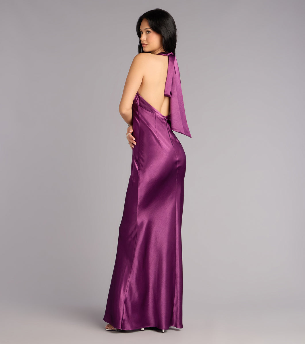 Windsor Meryl Satin Open Back Mermaid Formal Dress in Purple | Size: M