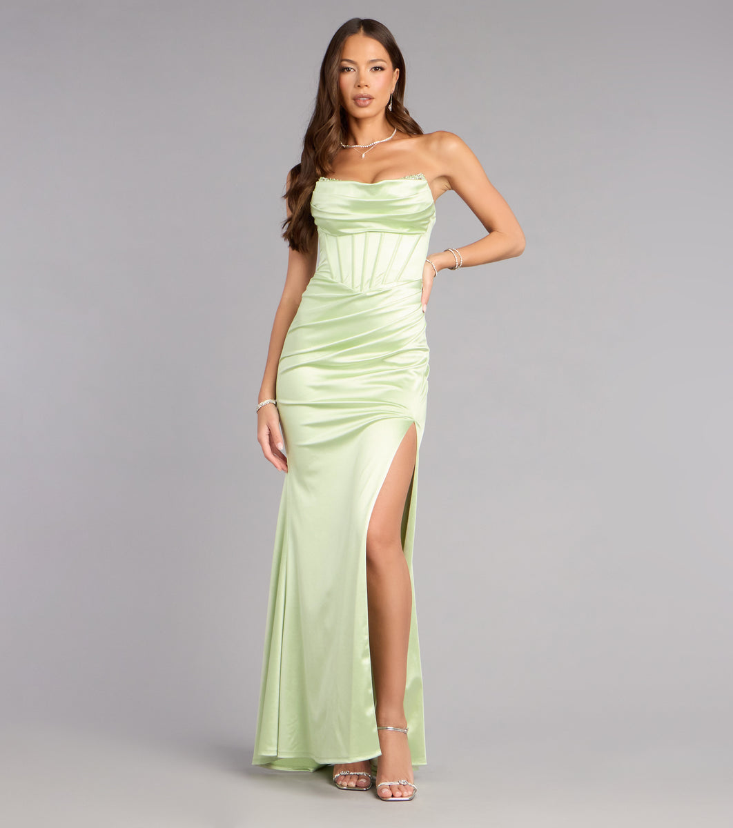 green emerald velvet dress Pleated Slit Long Formal Corset Prom Dress by Tina Holly TE650 main image 1