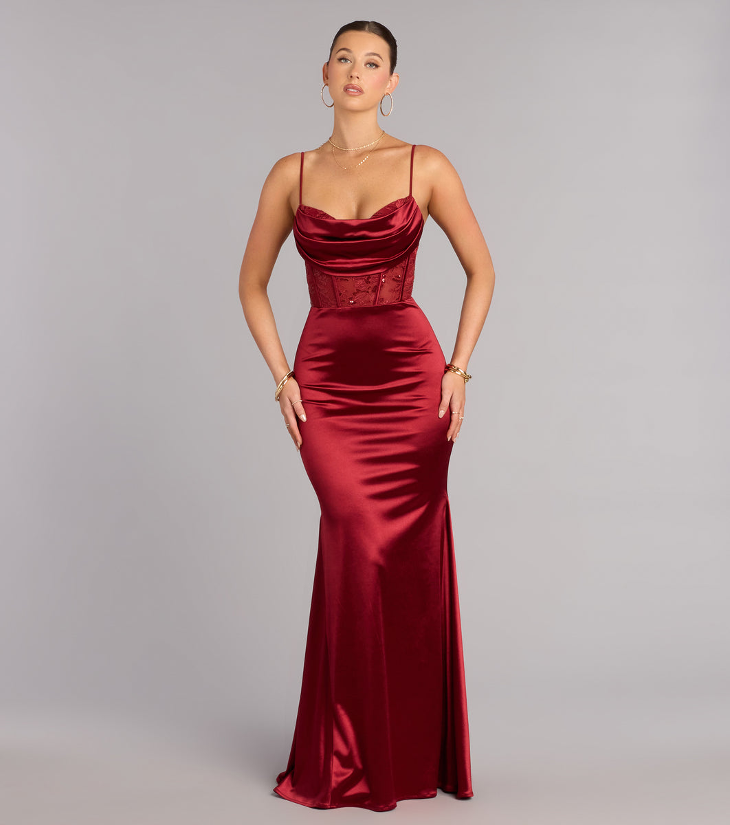 gigi mermaid dress Gigi Satin Sequin Lace Formal Dress in Wine | Size: XS | Knit Fabric/Satin Fabric