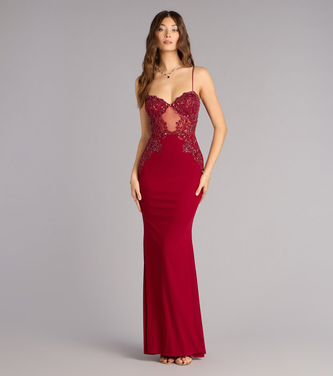 Dakota Lace Applique Mermaid Formal Dress in Wine | Size: M | Sheer Mesh Fabric | Windsor Dakota Lace Applique Mermaid Formal Dress in Wine | Size: M | Sheer Mesh Fabric | Windsor