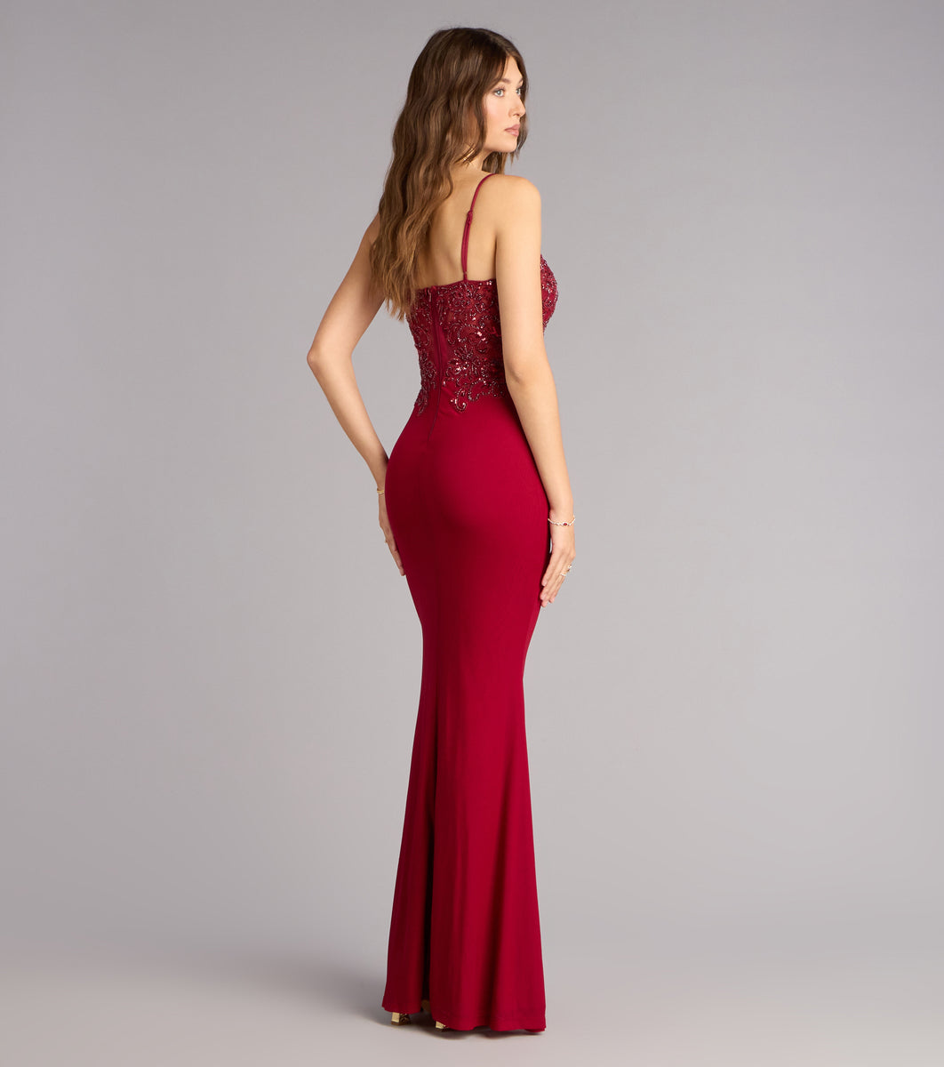 Windsor Dakota Lace Applique Mermaid Formal Dress in Wine | Size: L | Sheer Mesh Fabric Windsor Dakota Lace Applique Mermaid Formal Dress in Wine | Size: L | Sheer Mesh Fabric